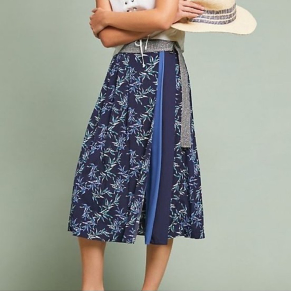 Eri + Ali Blue Floral Flowers Wrap Shimmer Silver Midi Flowy Skirt XS
